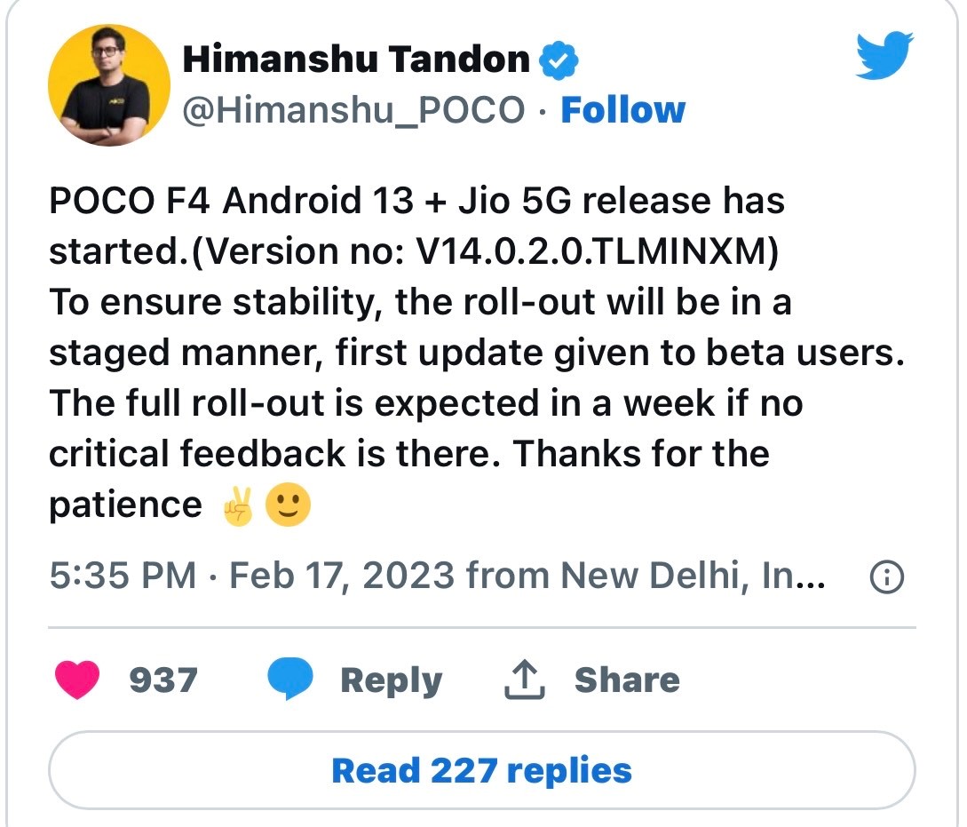 Poco F4 starts receiving Android 13 update in India with Jio 5G