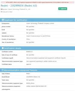 Redmi A3 Confirmed Through NBTC Certification