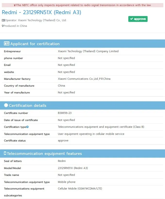 Redmi A3 Confirmed Through NBTC Certification