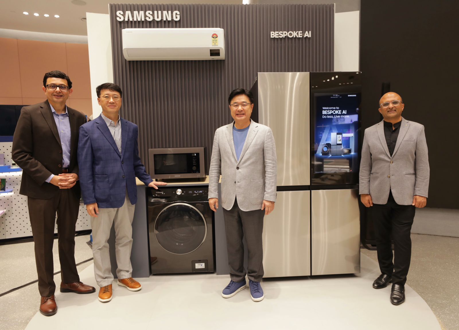 Saurabh Baishakhia - Sr. Director, Digital Appliances, Samsung India, Richard Oh, Corporate VP, Digital Appliances, JB Park, MD& CEO Samsung SWA, Dipesh Shah, Managing Director, SRI-B launch BESPOKE AI at Samsung BKC in Mumbai.