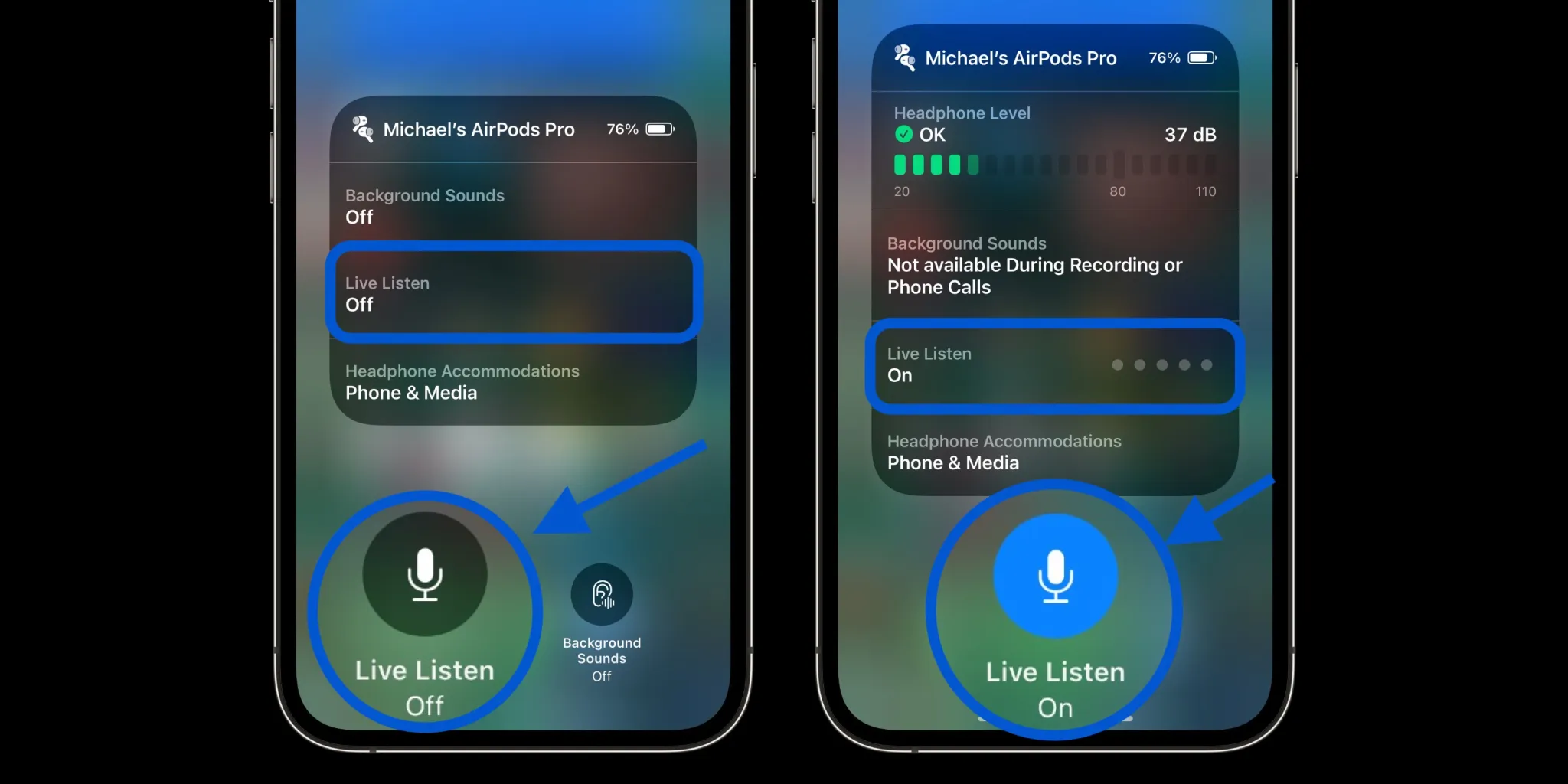 Use Control Centre on iPhone to check headphone and ambient noise levels
