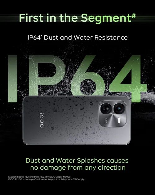 #iQOOZ9x featuring an IP64 rating, ensuring protection against dust and water. 