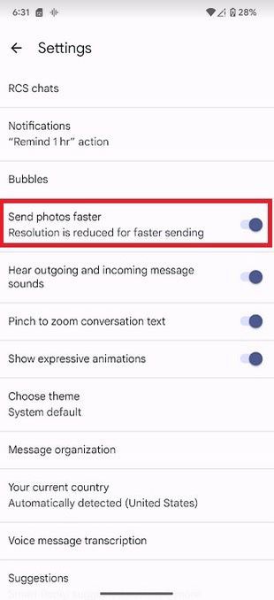 In "Send photos faster" toggle, open the Google Messages app & tap the profile icon in the upper right corner. From the menu that appears next, tap on Messages settings and toggle off Send photos faster.