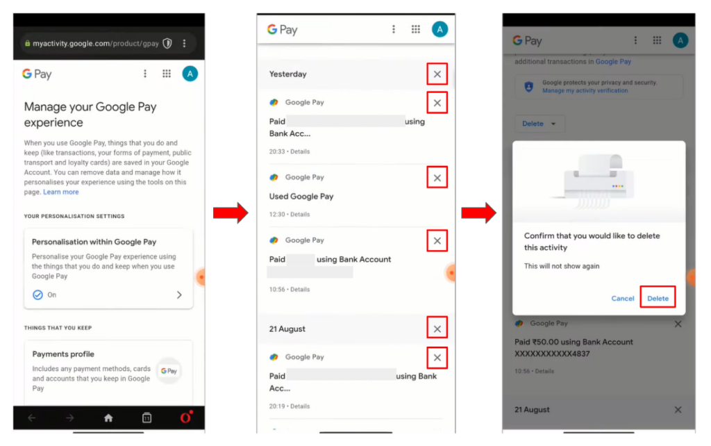 Steps to delete individual Google Pay transactions