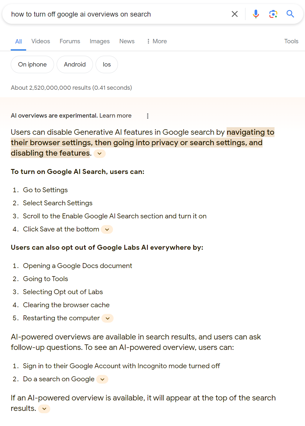 Various browser settings allow for automated text-based search results