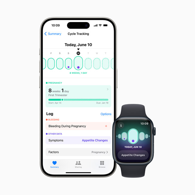 When users log a pregnancy in the Health app on iPhone or iPad, the Cycle Tracking app on Apple Watch will show their gestational age and allow them to log symptoms for things frequently experienced during pregnancy.