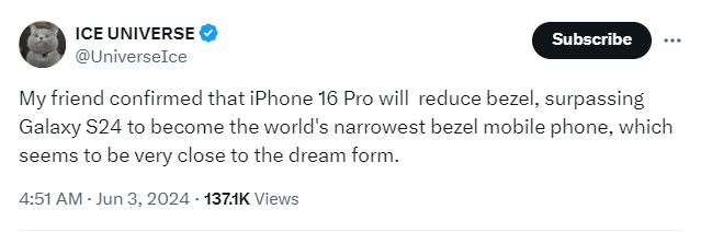 According to IceUniverse, the iPhone 16 Pro may feature the world’s thinnest smartphone bezels.