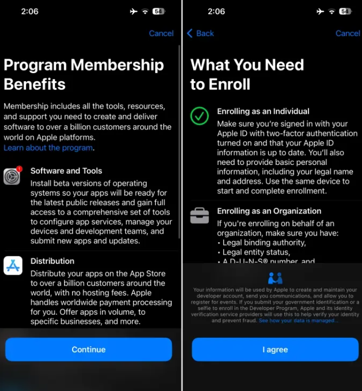 On the ‘Program Membership Benefits’ screen, tap Continue, Agree to the prerequisites, and follow the on-screen instructions.