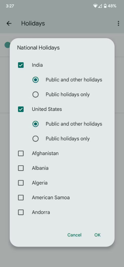 Upcoming "Selected holidays" option for more tailored views