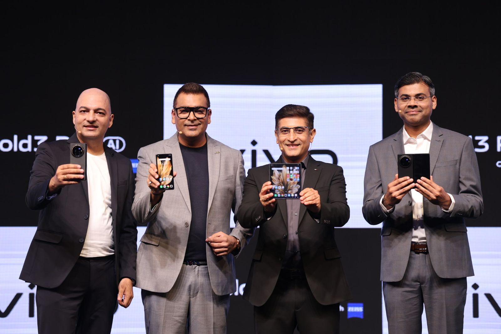 Ranjan Singh, Karun Arora, Vikas Tagra, Paigham Danish at the launch of vivo’s made in India vivo X Fold3 Pro – the slimmest, brightest, lightest, and most durable fold smartphone.