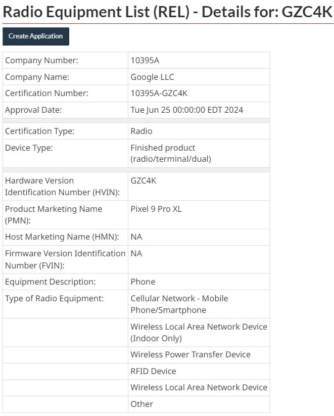 Canada REL Listing which confirms the Pixel 9 XL and Pixel 9 Pro Fold names