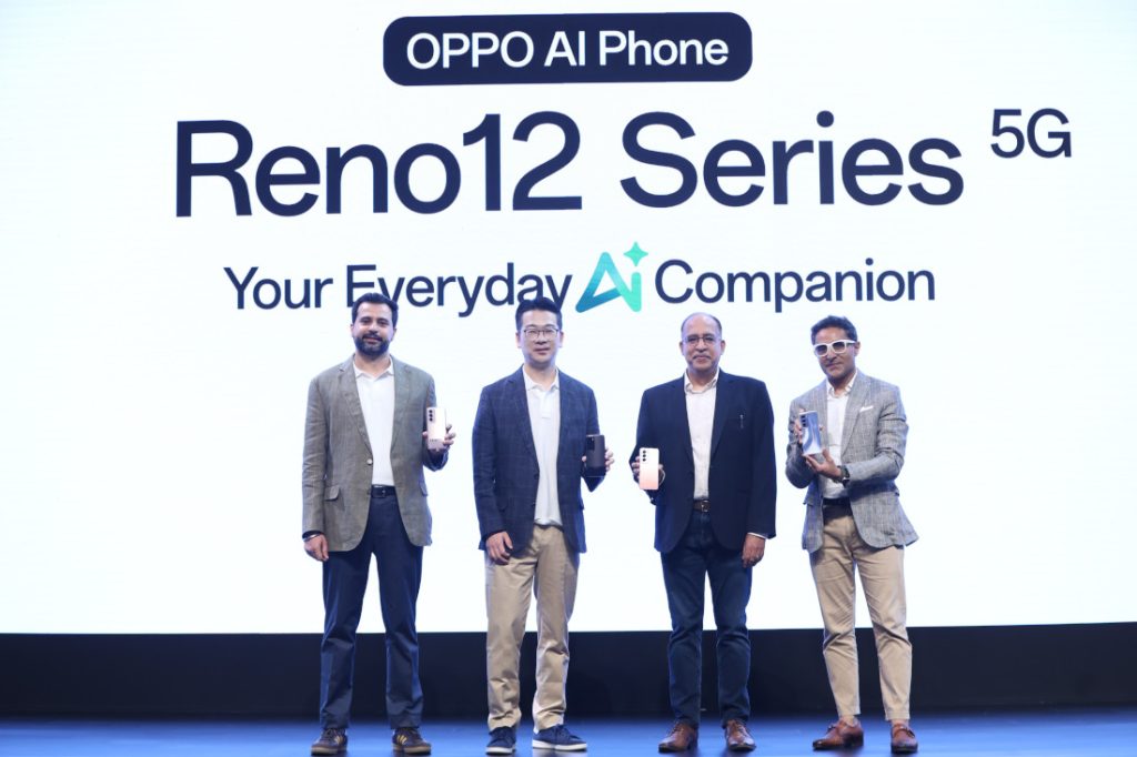 Karan Dua, Head of Product Marketing, OPPO India and Peter Dohyung Lee, Head of Product Strategy, OPPO with Vikas Arora, Director – Enterprise, Google Cloud India, and Anuj Sidharth, Deputy Director, Marketing & Corporate Communications, MediaTek at the launch of OPPO Reno12 Series in New Delhi today