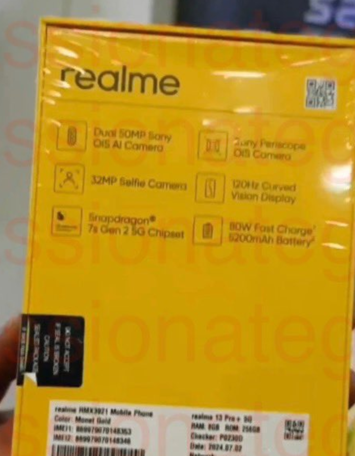 The Realme 13 Pro+ retail package will include the smartphone, Power adapter, USB data cable, SIM ejector tool, Protective case, Quick guide, Safety guide