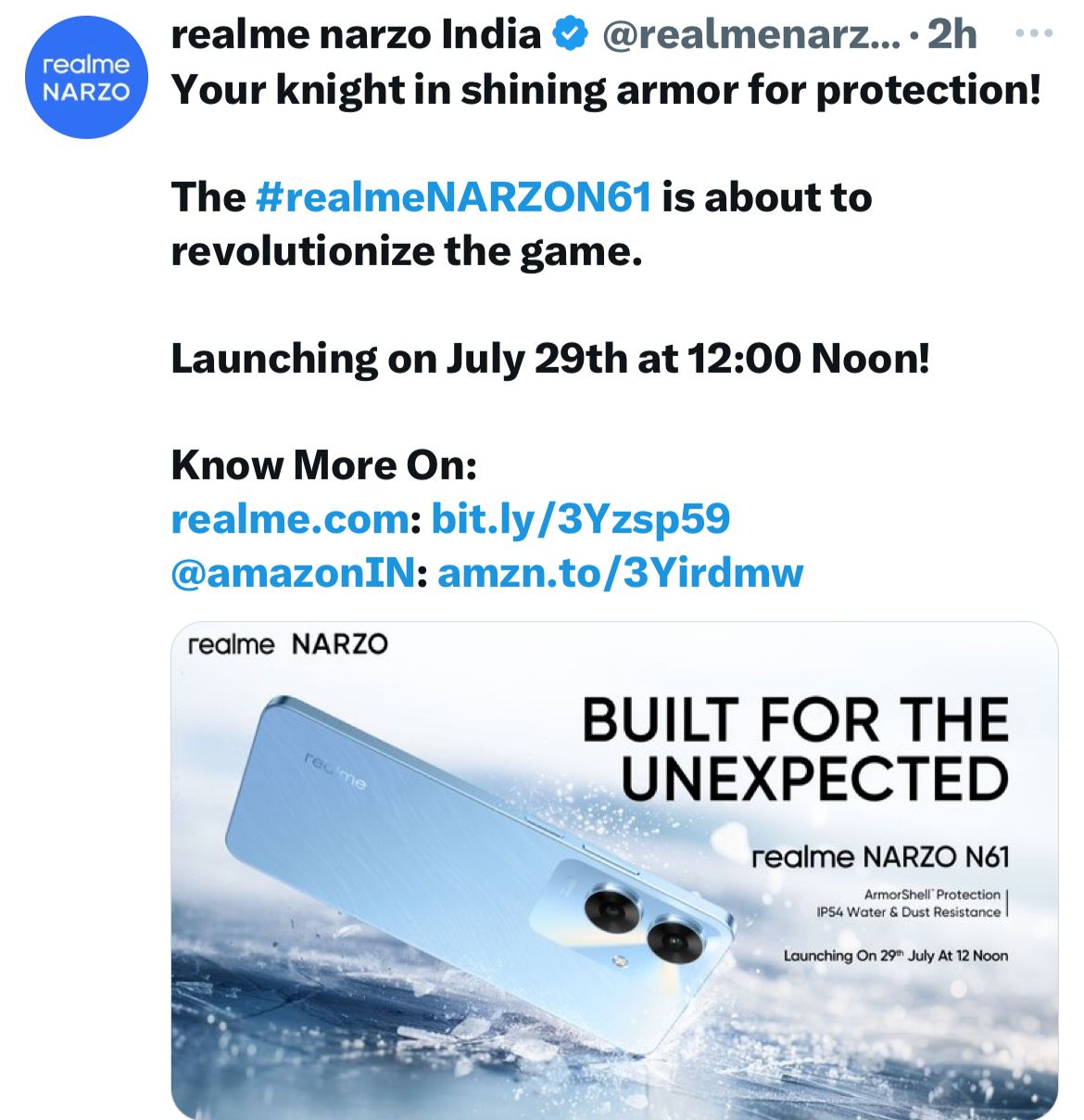 Realme Narzo N61 set to launch on July 29th at 12 pm in India