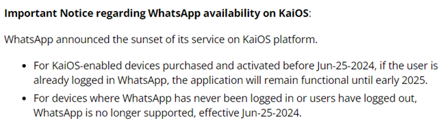 New users and logouts can't access WhatsApp on KaiOS from June 25, 2024