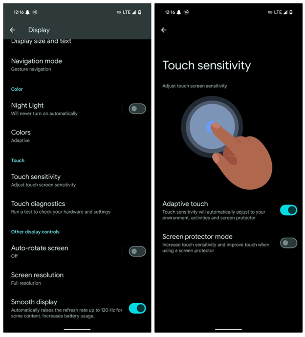 The Google Pixel 9 has a new Adaptive Touch feature that’s enabled by default. (Screenshot Credit - Android Authority).