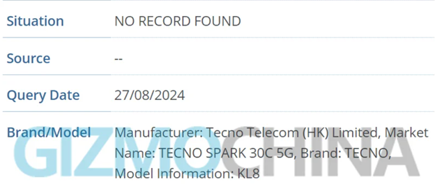 Tecno Spark 30C 5G spotted in IMEI database. (Screenshot credit - Gizmochina).