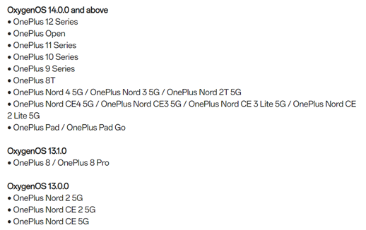 OnePlus listed models for the rollout in stages