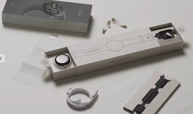 Pixel Watch 3 unboxing peek from plastic-free packaging marketing campaign video.