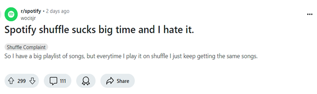 Reddit post complaining about the broken shuffle feature.