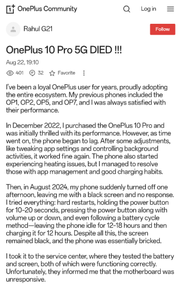 One OnePlus 10 Pro user described the issue with their phone.