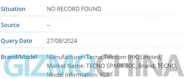 Tecno Spark 30C 4G spotted in IMEI database. (Screenshot credit - Gizmochina).