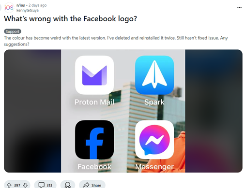 Reddit Post highlighting the change in Facebook App icon design.