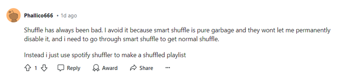 Recent Reddit posts highlight the long-reported issue with Spotify's shuffle feature.