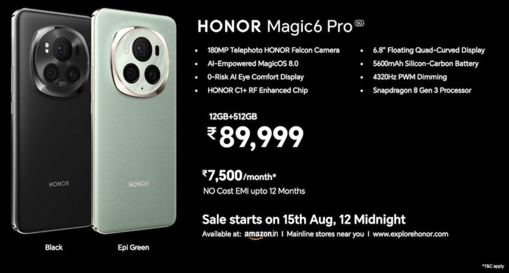 HONOR Magic6 Pro comes in Black and Epi Green colours and is priced at Rs. 89,999 for the single 12GB + 512GB model