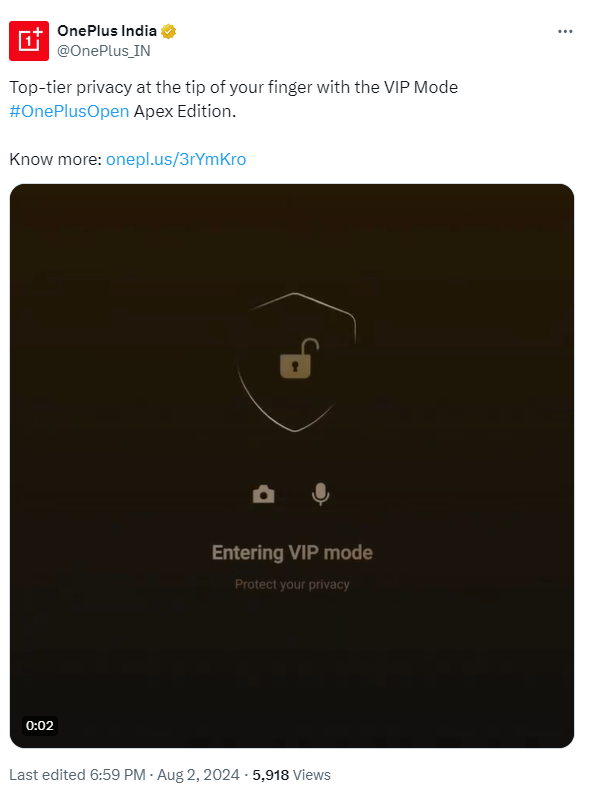 OnePlus Open Apex Edition to Have VIP Mode for Better Privacy