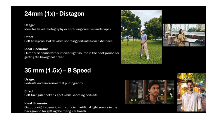 The camera supports professional portrait modes with focal lengths