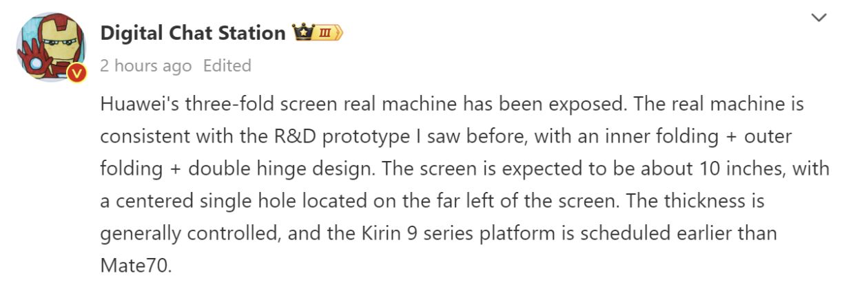 Reliable Tipster Digital Chat Station in a Weibo post said that Richard Yu’s tri-foldable phone seem in the image looks similar to prototype he used during the research and development phase.