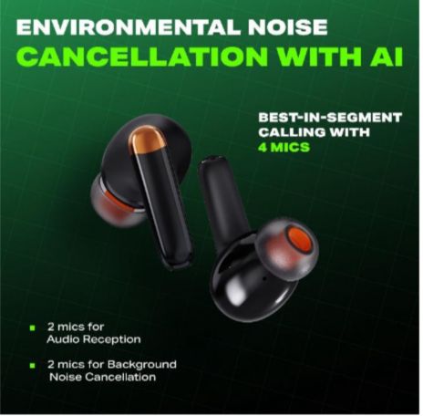 Buds Neo featuring Quad Mic AI Environmental Noise Cancellation (ENC).