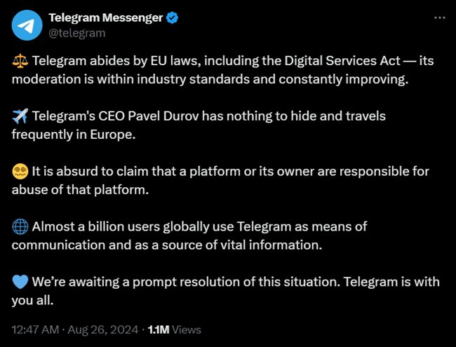 Telegram has questioned the legality of Durov’s detention.