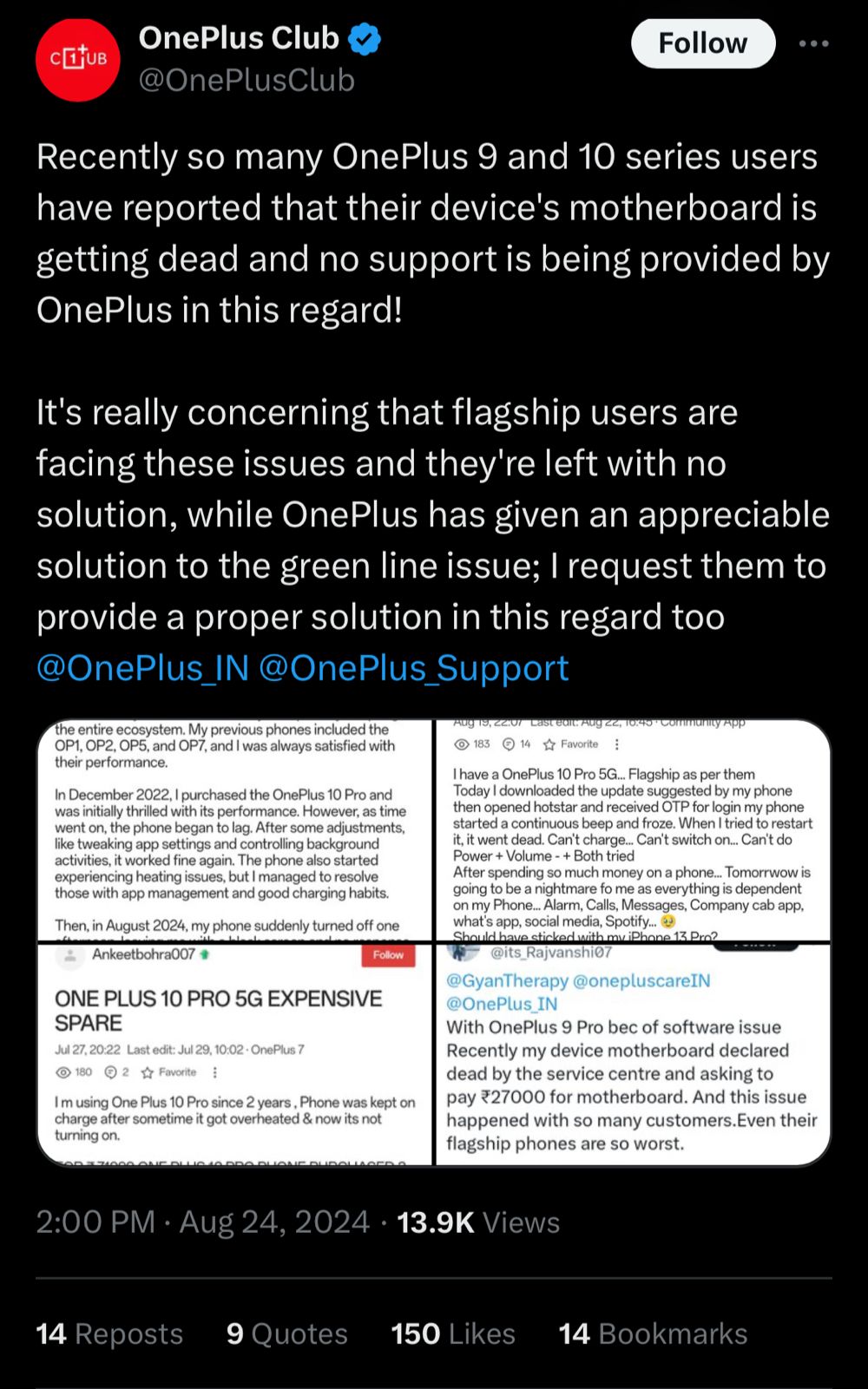 OnePlus 9 and 10 series users are reporting dead motherboards.