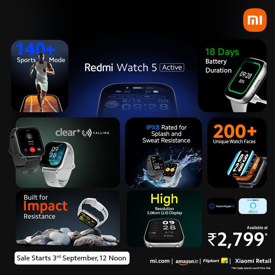 The Redmi Watch 5 Active is available in Midnight Black and Matte Silver colours