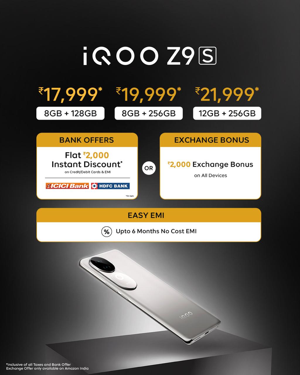 The iQOO Z9s 5G, priced at INR 19,999 (Effective Price – INR 17,999) for 8GB+128GB