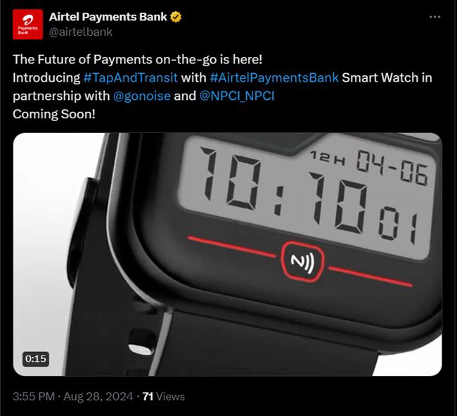 Airtel Payments Bank has announced the launch of its new NCMC (National Common Mobility Card)-enabled smartwatch.