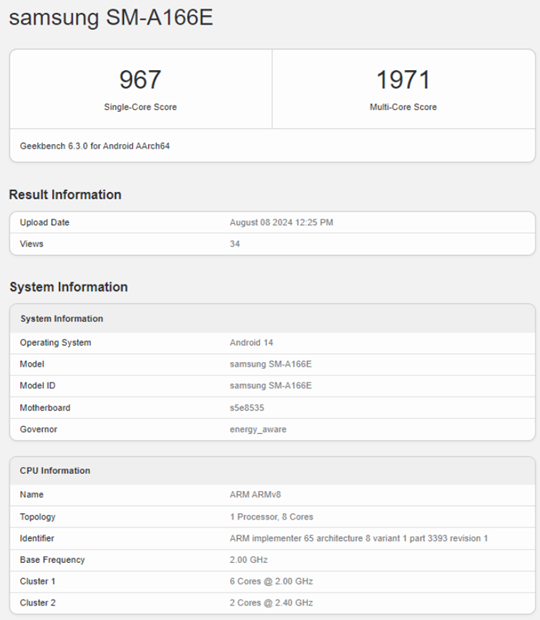 The Galaxy A16 5G, identified by model number SM-A166E, was spotted on the Geekbench listing earlier in August. (Screenshot Credit - Unknown).