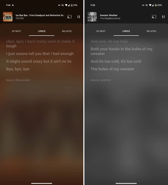 Live Lyrics are showing smaller fonts with a solid colour background. (Image Credit - 9to5Google).