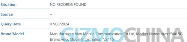 Vivo Y300 Pro 5G was spotted in the IMEI database a few months ago. (Screenshot Credit - Gizmochina).